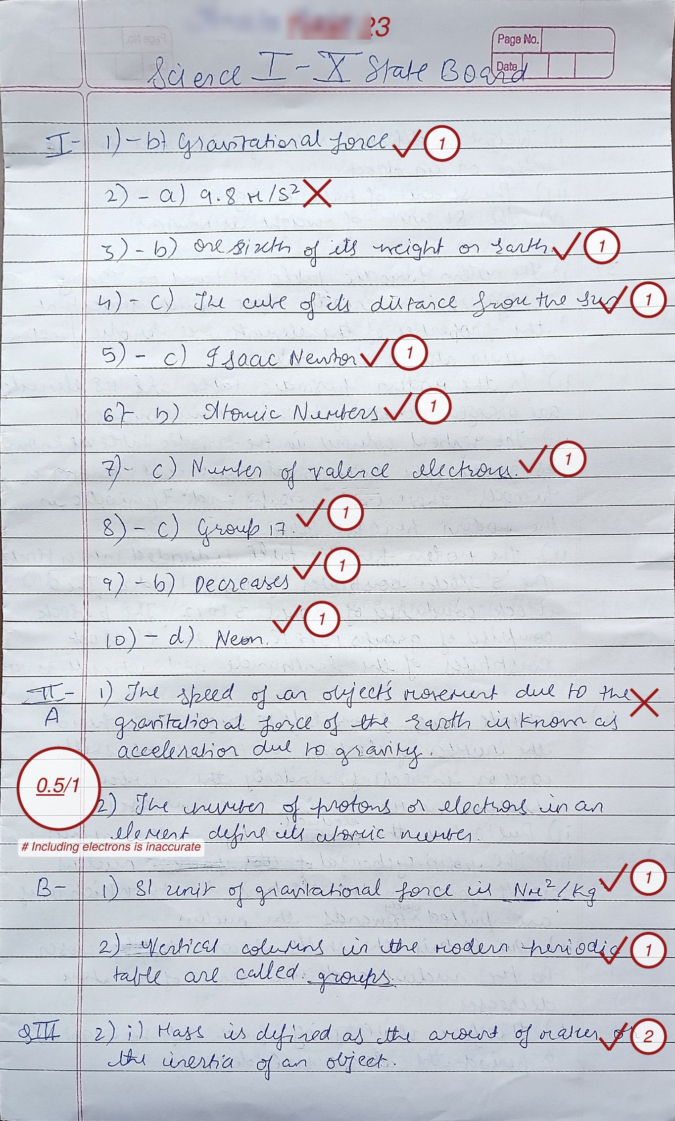 Science answer script checked by 10blocks with red ticks, marks and comments