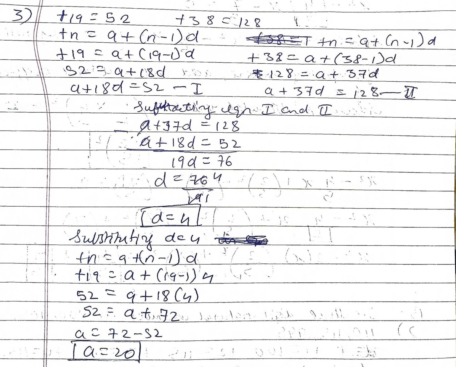 Student working: finds d = 4, then a = 20