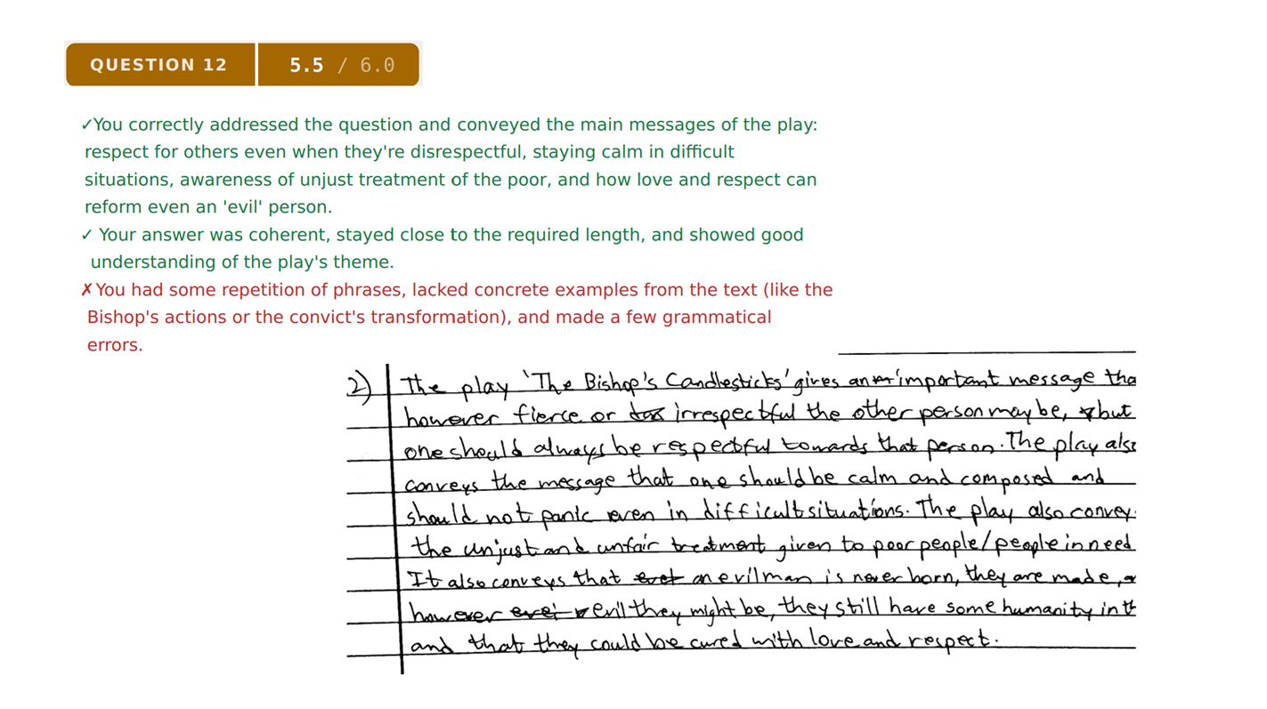 PlutoX grading a free-form subjective written answer